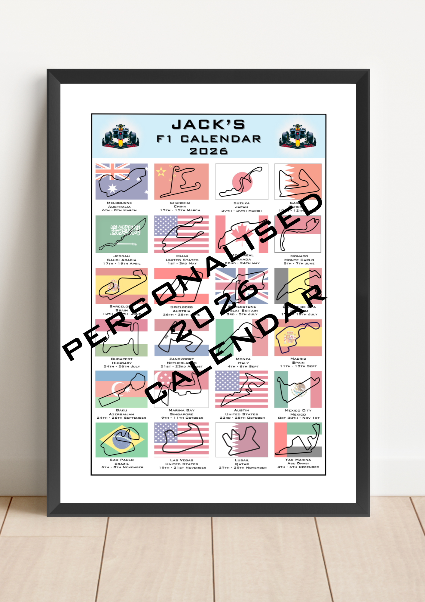 Personalised F1 Racing 2026 Calendar